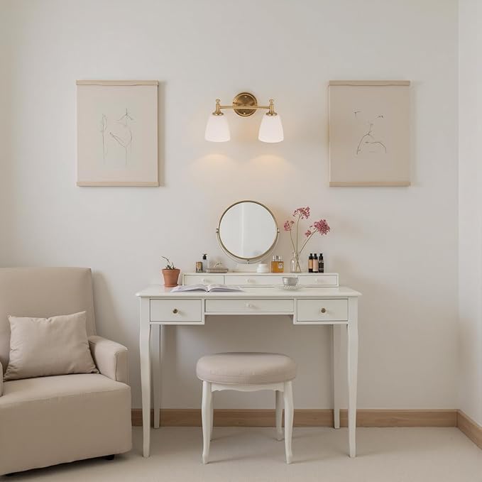 Bathroom Light Fixtures, 2-Light Brass Vanity Light with Milk Glass Shade Vintage Above Mirror Lamp Wall-Mounted Wall Sconce for Bedroom, Living Room, Hallway, Stairway, Sink (Bulb not Included)