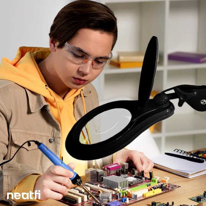 Neatfi 1,200 Lumens LED Magnifying Lamp with Clamp – 5-Inch Lens, 5 Diopter, Dimmable, Adjustable Arm, Includes Microfiber Cloth, Lamp for Reading, Sewing, Crafting (Black, 5 Diopter)