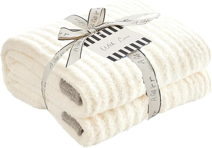 WRENSONGE Striped Throw Blanket, White Soft Cozy Fluffy Warm Hand Made Throw Blankets for Couch, Sofa, Chair, Bed, Camping, Picnic, Travel Lightweight Bed Blanket - 50"*60"