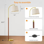 62.5" Wood Floor Lamp for Living Room Gold with Foot Switch Arc Standing Tall Lamps for Bedroom Mid Century Modern Corner Floor Lamps for Office Nursery Industrial Reading Light Room Lamp