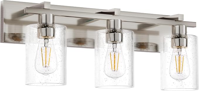 Espird Bathroom Vanity Light, 3 Light Brushed Nickel Bathroom Light Fixture with Thickened Seeded Glass Shade, 24 inch Modern Vanity Lights, Bathrooms Lights Fixture Over Mirror