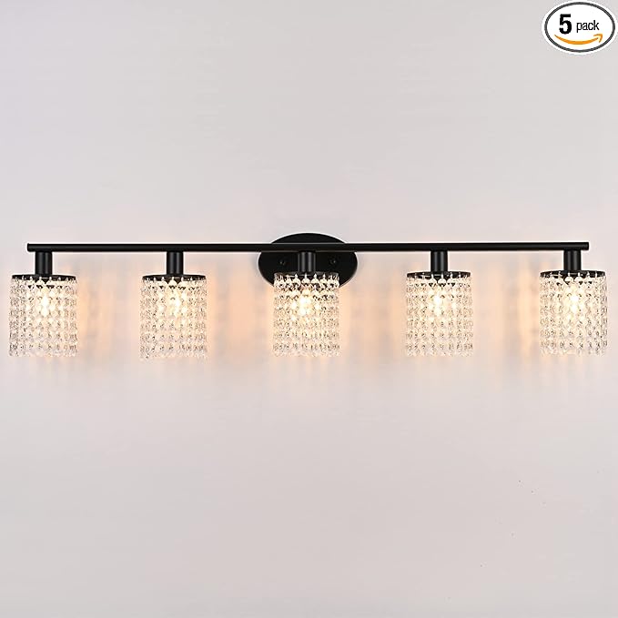5-Light Bathroom Light Fixtures,Crystal Black Vanity Lights for Bathroom,Modern Bathroom Lights Over Mirror, Black Vanity Light Fixtures