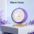 Metal Desk Alarm Clock, Retro Bedroom Table Vintage Analog Silent Non-Ticking Gold Alarm Clock, Bedside Decor(Violet Purple)