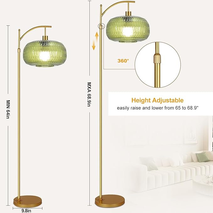Glass Floor Lamp for Living Room,Bedroom,Gold Dimmable Standing Lamp with Remote,Green Mid Century Modern Brass Vintage Tall Lamp Floor Lamps Arc Boho Floor Light Lamp Bohemian