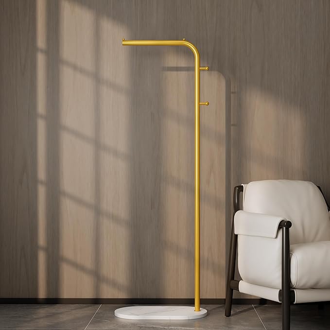 Gold clothing rack for small Spaces,Modern clothes racks for hanging clothes,7-shaped coat rack Freestanding with Marble Base and 2 Hooks coat hanger stand for Jackets, Coats, Hats (gold)