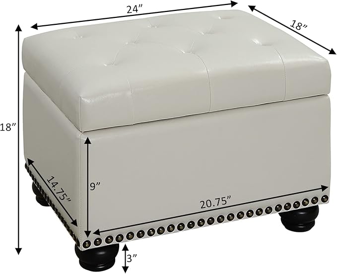Convenience Concepts Designs4Comfort 5th Avenue Upholstered Storage Ottoman 24" - Contemporary Foot Stool and Seat with Hinged Lid for Living Room, Dining Room, Office, Den, Ivory Faux Leather