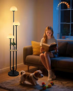 Lightdot Black Dimmable Floor Lamp with Table, Modern Floor Lamps for Living Room, 3000K Warm Lights Tall Standing Lamp with Mushroom Shades & Bulbs Included for Bedroom/Sofa Beside/Corner Decor