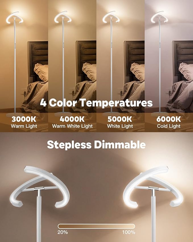 White Floor Lamp, Modern Stepless Dimmable Standing Lamp 3000-6000K, 20W LED Rotatable Reading Tall Lamp, Touch & Remote Control Uplighter Floor Lamps for Living Room Bedroom Office