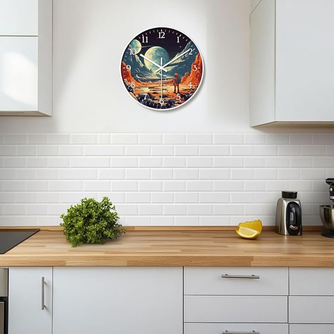 8 inch Silent Battery Operated Wall Clock, Decorative Round Wall Clock, Space Themed Astronauts