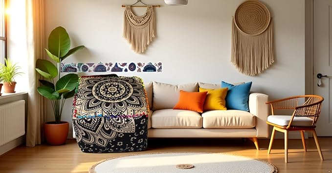 CRAFT KALA Mandala Meditation Floor Pillows Cover Square Pillow Seating Hippie Decorative Adults Bohemian Cushion Cover Outdoor Living Room Throw Ottoman Poufs Cover 18X18X14 inches, Black Gold Flower