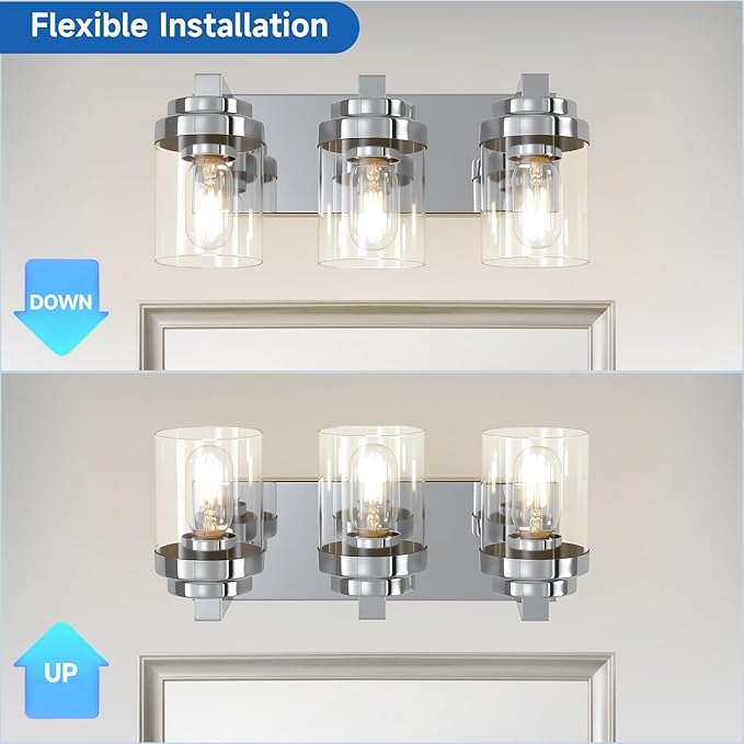 Bathroom Vanity Light, 3 Light Bathroom Light Fixtures with Clear Glass Shade, Polished Chrome Vanity Light Fixtures Over Mirror for Bedroom Living Room,E26