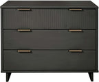 Manhattan Comfort Granville 38-Inch Solid Wood Dresser with 3 Full Extension Soft Close Drawers, Fluted Ribbed Front with Gold Metal Handles for Bedroom, Living Room, Dorm, Nursery in Dark Grey