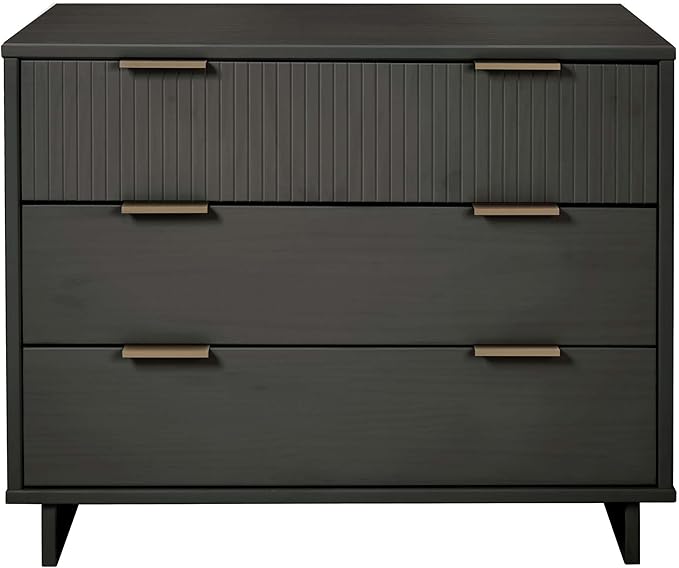 Manhattan Comfort Granville 38-Inch Solid Wood Dresser with 3 Full Extension Soft Close Drawers, Fluted Ribbed Front with Gold Metal Handles for Bedroom, Living Room, Dorm, Nursery in Dark Grey