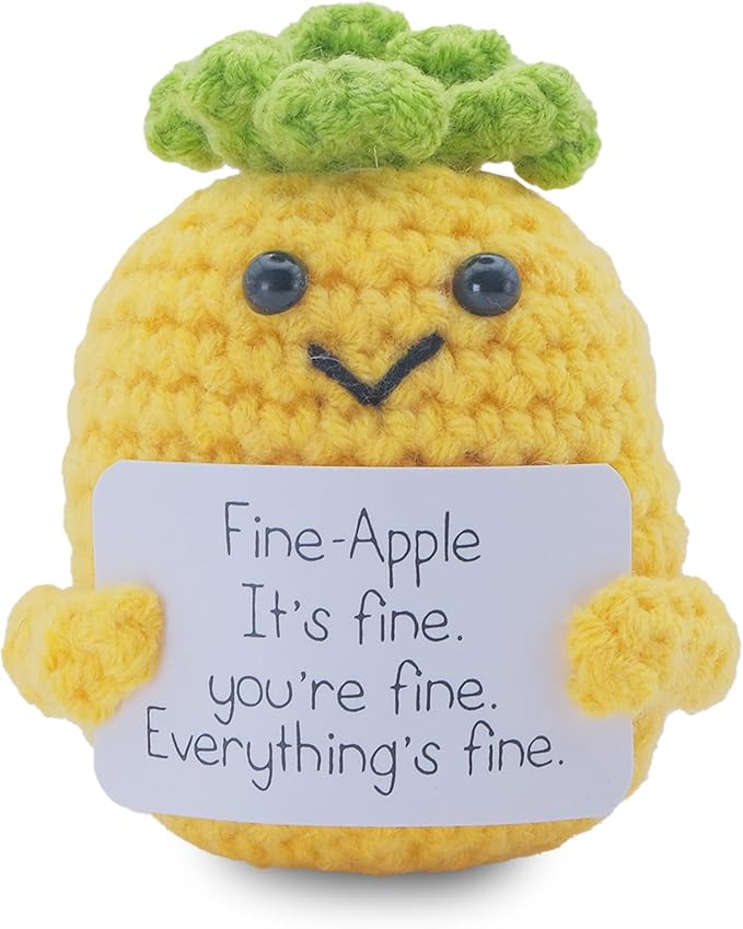 Funny Positive Pineapple Gifts for Him Her, 3 inch Knitted Pineapple Doll with Emotional Support Card Birthday Gift Cute Room Decor Crochet Party Decoration Toy Encouragement Reminder