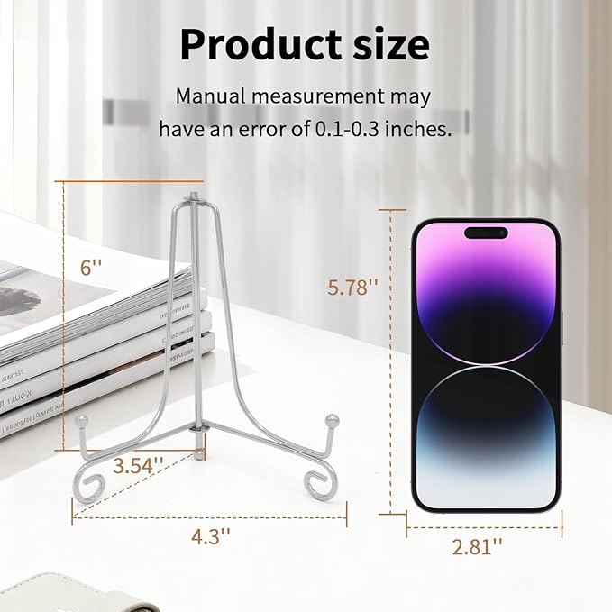 Iron Plate Stands for Display,Foldable Book Holder & Easel Stand for Sign, Versatile Poster Stand and Small Plate Stand for Home Decor, Art, Photo Frame, Card, Crystal Display (Silver, 6 inch (4Pcs))