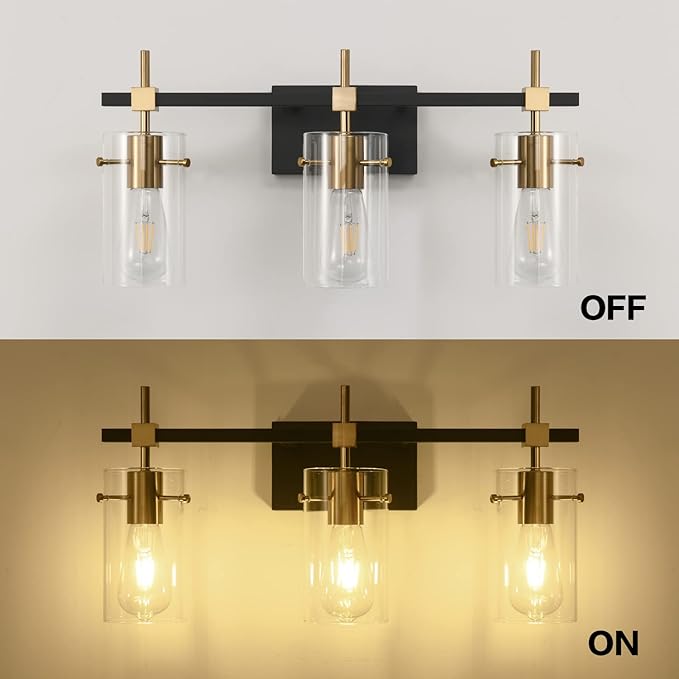 SOLFART Vintage Vanity Lights Bathroom Light Fixture Over Mirror for Bath Glass Shade Light Black and Brass Modern Style 3 Lights