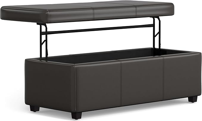 SIMPLIHOME Avalon Lift Top Rectangular Storage Ottoman - 44 inch Wide Upholstered Vegan Leather Lift-Top Ottoman in Tanners Brown, Contemporary Coffee Table Ottoman for Living Room with Hidden Storage