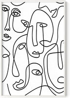 Abstract Face Pattern Wall Art Collage of Modern Faces Continuous Line Drawing 24x36 Inch Oak Wood White Framed Artistic Aesthetic Print for Living Room