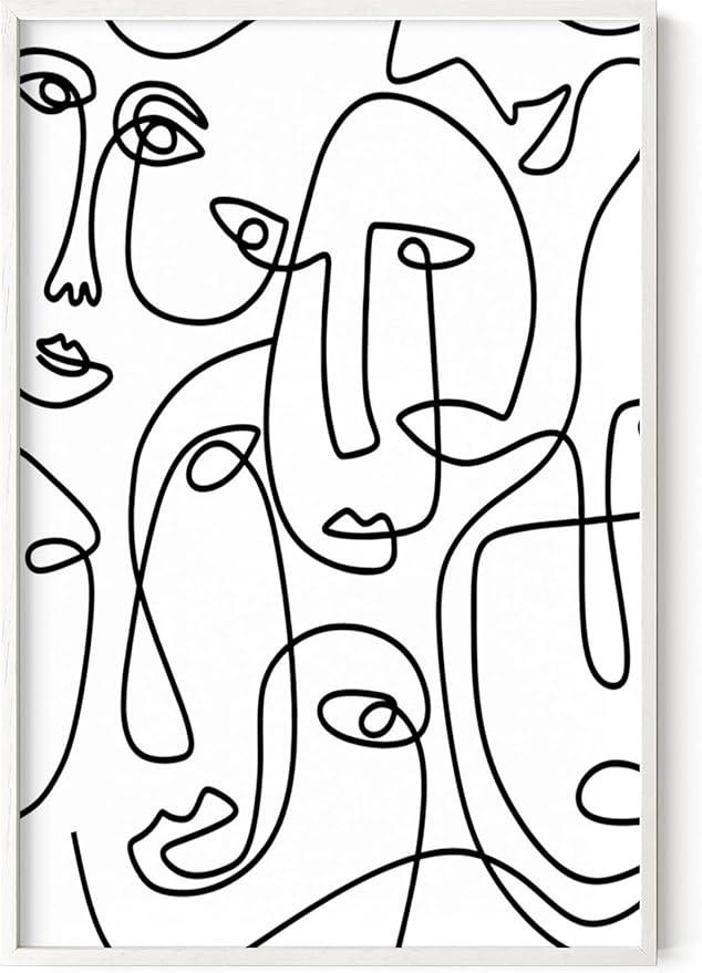Abstract Face Pattern Wall Art Collage of Modern Faces Continuous Line Drawing 24x36 Inch Oak Wood White Framed Artistic Aesthetic Print for Living Room
