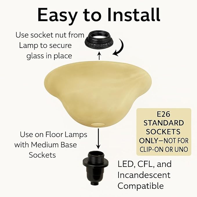 LIGHTACCENTS Alabaster Amber Glass Lamp Shade – Replacement Shade for Floor Lamps with E26 Medium Base Socket – Torchiere Lamp Glass – Amber Swirl Light Shade