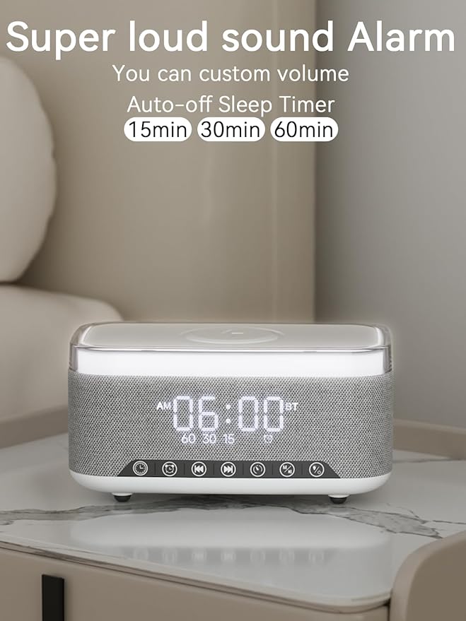 Bluetooth Speaker Alarm Clock with 10w Fast Wireless Charger for iPhone Samsung, 10W Stereo Bluetooth Speaker, 12-Color Night Light, White Noise Machine Digital Clock with FM Radio for Bedroom
