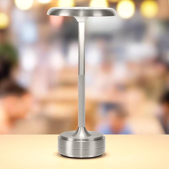 Rechargeable Cordless LED Table Lamps Touch Sensor Light, 3-Levels Portable Dimming Wireless Battery Operated Lamp，Nightstand Lamp/Night Light/Restaurant Table/Outdoor/Coffee/Bar (Silver)