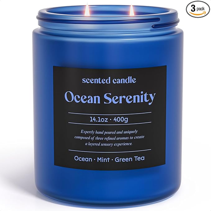 Scented Candles, 14.1 oz Scented Candles for Home, 2 Wicks Blended Scents Aromatherapy Candles for Women and Men, Birthday Gifts for Women (Ocean+Mint+Green Tea)