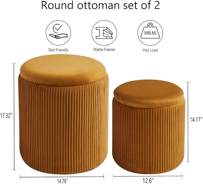 Round Ottoman with Storage Set of 2-Upholstered Velvet Vanity Stool for Makeup Multifunctional Ottomans Coffee Table Padded Seat Foot Rest (Yellow-Upgrade Taray Lid)