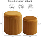 Round Ottoman with Storage Set of 2-Upholstered Velvet Vanity Stool for Makeup Multifunctional Ottomans Coffee Table Padded Seat Foot Rest (Yellow-Upgrade Taray Lid)