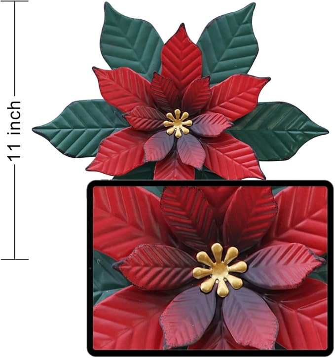 YEAHOME Chrismas Wall Decorations Indoor - 11 inch Metal Flower Wall Art Decor, Poinsettia Yard Garden Decor Hanging for Kitchen, Bathroom, Bedroom, Handmade Gift for Home, Indoor or Outdoor