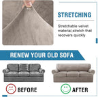 H.VERSAILTEX Sofa Cover 4 Piece T Cushion Sofa Slipcovers Thick Velvet Couch Cover Furniture Protector Stretch Sofa Covers for 3 Cushion Couch with 3 Individual T Cushion Covers Washable, Taupe