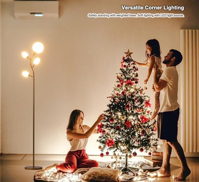 Fiqevs 4 Globe Floor Lamp with 2700K Warm Light LED Bulbs Included, Mid Century Modern Tree Standing Lamp with Frosted Glass Shade, Arc Torch Tall Lamp for Living Room, Bedroom, Office, Antique Brass