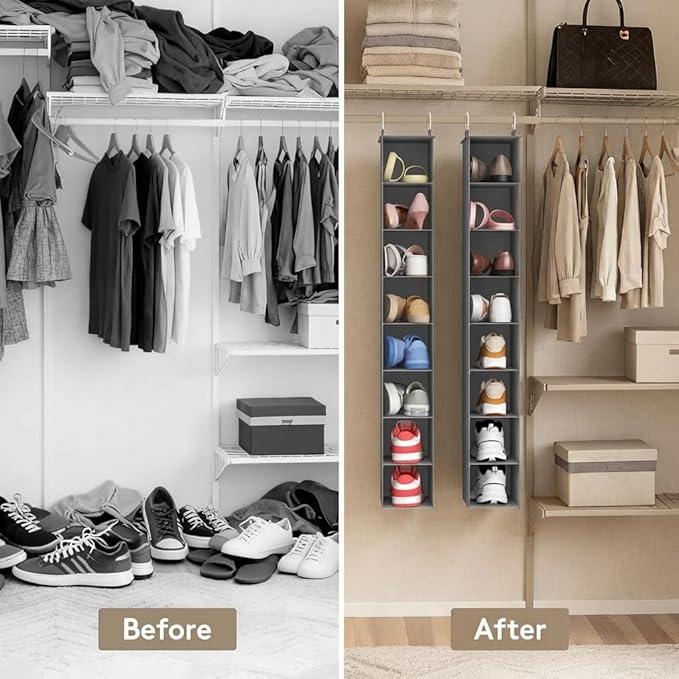 Lifewit 8 Tier Shoe Hanging Organizer for Closet, Folding Fabric Shoes Storage with Two Sturdy Hangers, Hanging Shoe Organizers for Shelves, Wardrode, Dorm, 11.8" L X 5.9" W X 41.3" H, Gray