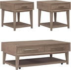 Liberty Furniture Brentwood 3 Piece Living Room Set with Cocktail Table, 2 Drawer End Tables - Sandstone Oak Wood