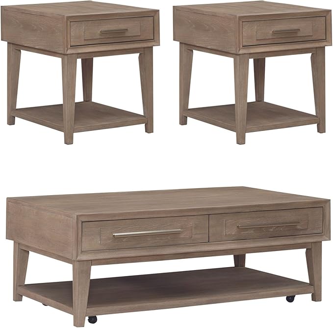 Liberty Furniture Brentwood 3 Piece Living Room Set with Cocktail Table, 2 Drawer End Tables - Sandstone Oak Wood