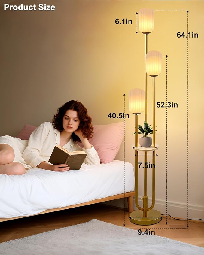 Gold Dimmable Floor Lamp with Table, Modern Floor Lamps with Oval Striped Lampshade 3000K Soft Warm White 3-Lights Candle Holder Style Tall Lamp for Living Room/Bedroom