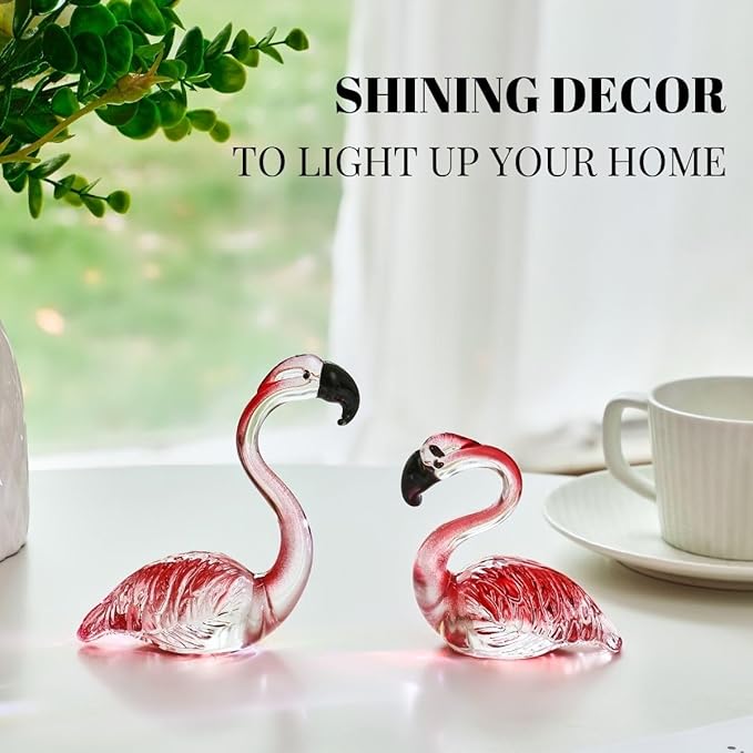 Hand Blown Glass Couple Flamingo Figurine Love Statue Pink Flamingo Decoration Ornament Handcraft Animal Collectible Home Decor Valentine's Day Gift for Her
