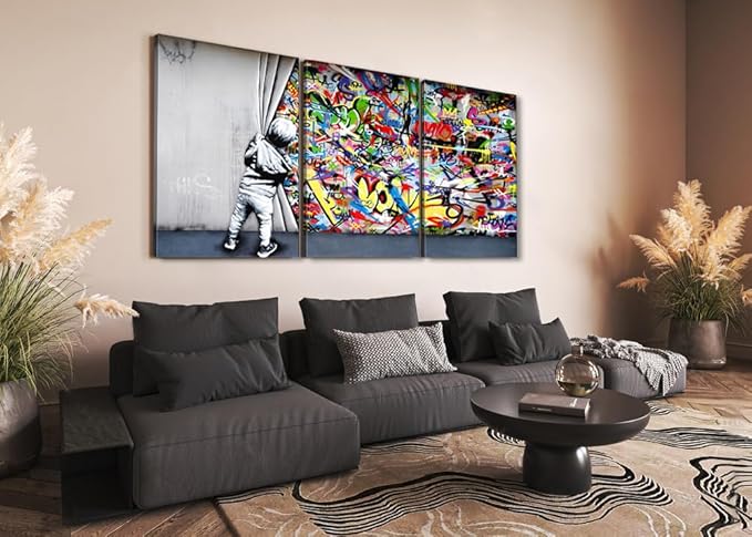 Novatique Graffiti Canvas Wall Art Banksy Wall Art Modern Pop Behind the Curtain Graffiti Painting Canvas Print for Living Room Bedroom, 24"x 36"x 3Pcs