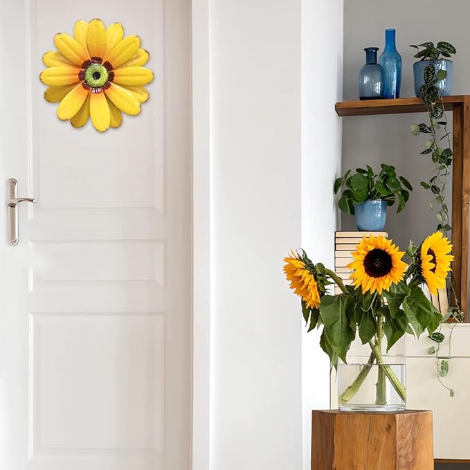 YEAHOME 10'' Sunflower Wall Decor, Metal Flower Wall Art Decorations, Sunflower Spring Yard Garden Decor Hanging for Kitchen, Bathroom, Handmade Gift for Indoor or Outdoor, Set of 2 Wall Sculptures