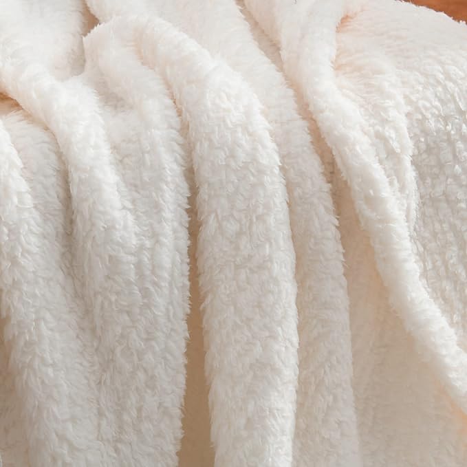 Ultra Soft Fleece Sherpa Blanket Queen Size,Lightweight Cozy Boho Bed Blanket with Decorative Tassel, Pattern Reversible, Antique White, 90”x90”