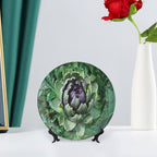 Ceramic Display Plate, Artichoke Ceramic Hanging Decorative Plate, Blooming Vegetable Agriculture Nature Artwork Print, 10 Inch, Living Room Kitchen Decoration Household, Fern Green and Purple