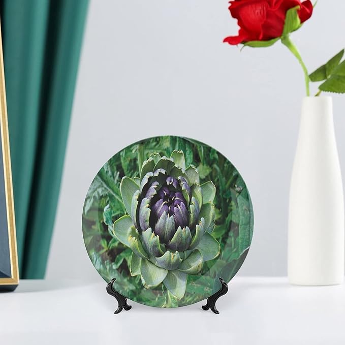 Ceramic Display Plate, Artichoke Ceramic Hanging Decorative Plate, Blooming Vegetable Agriculture Nature Artwork Print, 6 Inch, Household Custom Ceramic Plate, Fern Green and Purple