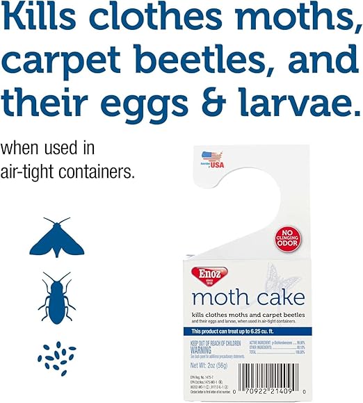 Enoz Moth Cakes – 8 Pack – Easily Hangs in Closets & Garment Bags – Kills Clothes Moths, Carpet Beetles, Eggs & Larvae – Treats 6.25 Cubic Feet