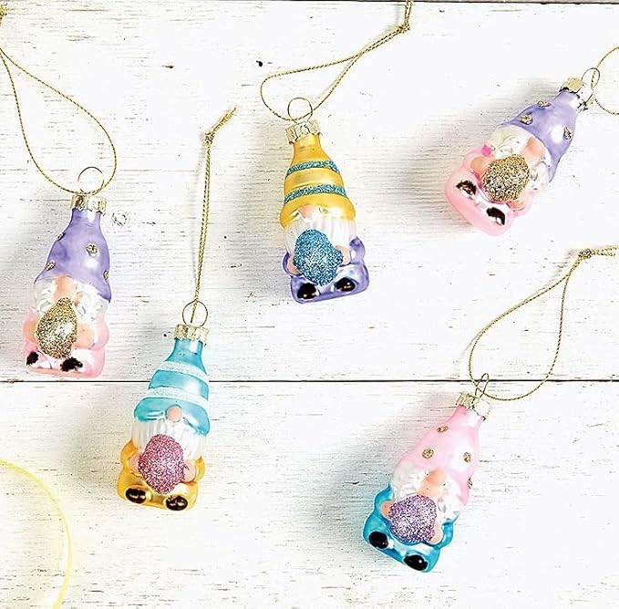 Lillian Vernon Gnome Blown Glass Easter Ornaments - Handcrafted Hanging Tree Decorations, Easter Gnome Holiday & Party Decor, Mini, Assorted, 12-Piece Set
