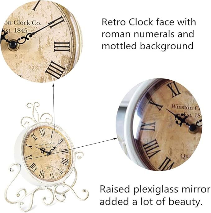 HZDHCLH Vintage Table Clocks for Living Room Bedroom Decor, Silent Decorative Farmhouse Shelf Clock Battery Operated, Small Rustic Mantel Clock with Roman Numerals (White)