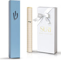 SURI Jewish Door Mezuzah – 5 Inch Blue Aluminum Mezuzah Case with Printed Scroll, Fits a 4 Inch Scroll, Self-Stick Adhesive, Open-Back Design for Indoor Use, Gift Box Included