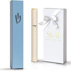 SURI Jewish Door Mezuzah – 5 Inch Blue Aluminum Mezuzah Case with Printed Scroll, Fits a 4 Inch Scroll, Self-Stick Adhesive, Open-Back Design for Indoor Use, Gift Box Included