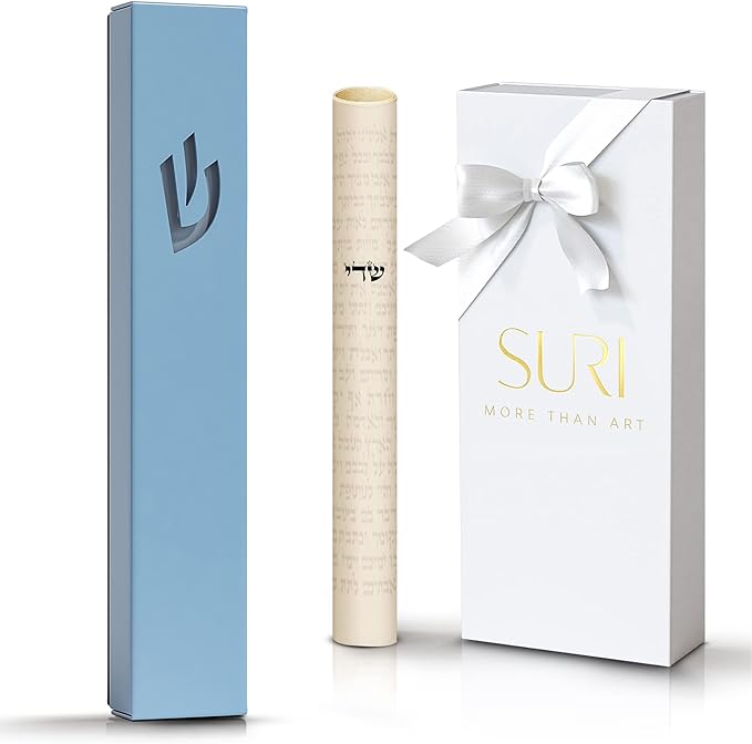 SURI Jewish Door Mezuzah – 5 Inch Blue Aluminum Mezuzah Case with Printed Scroll, Fits a 4 Inch Scroll, Self-Stick Adhesive, Open-Back Design for Indoor Use, Gift Box Included