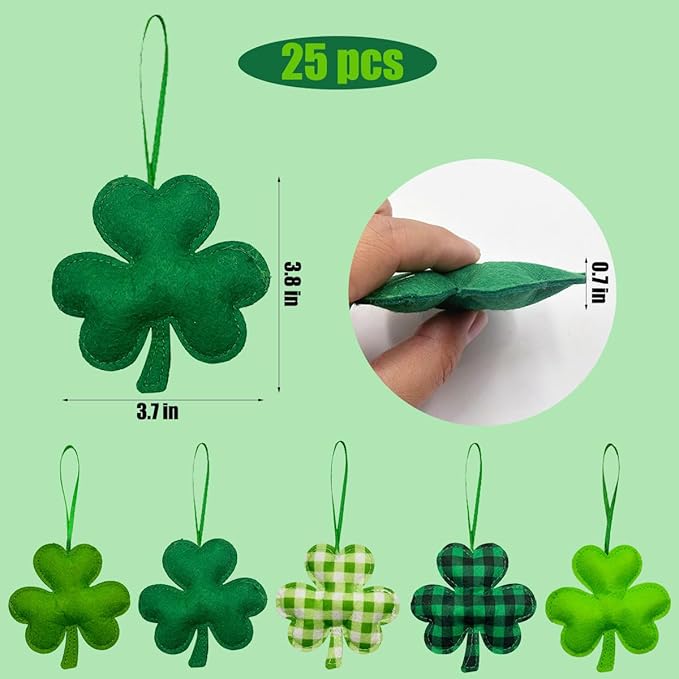 St Patrick's Day Felt Hanging Ornaments, 25Pcs Green Shamrocks Hanging Ornament Plaid Luck Clover Bauble Decoration for Saint Patrick's Party Supplies Tiered Tray Table Crafts Decor