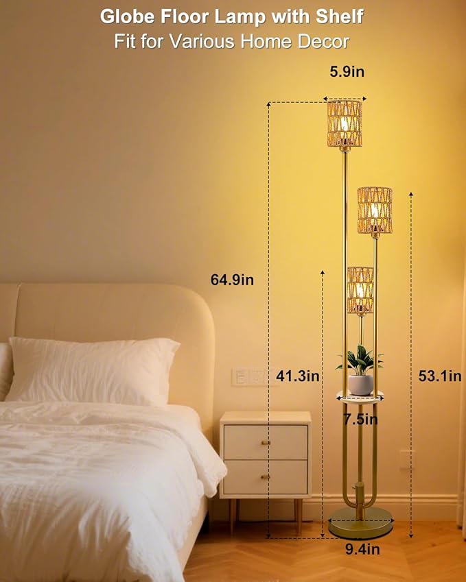 Lightdot Dimmable Boho Floor Lamps with Table, 3-Lights Rattan Floor Lamp 3000K Warmwhite Farmhouse Floor Lamp, Rustic Gold Standing Lamp for Living Room/Sofa Beside/Corner Decor(Bulbs Included